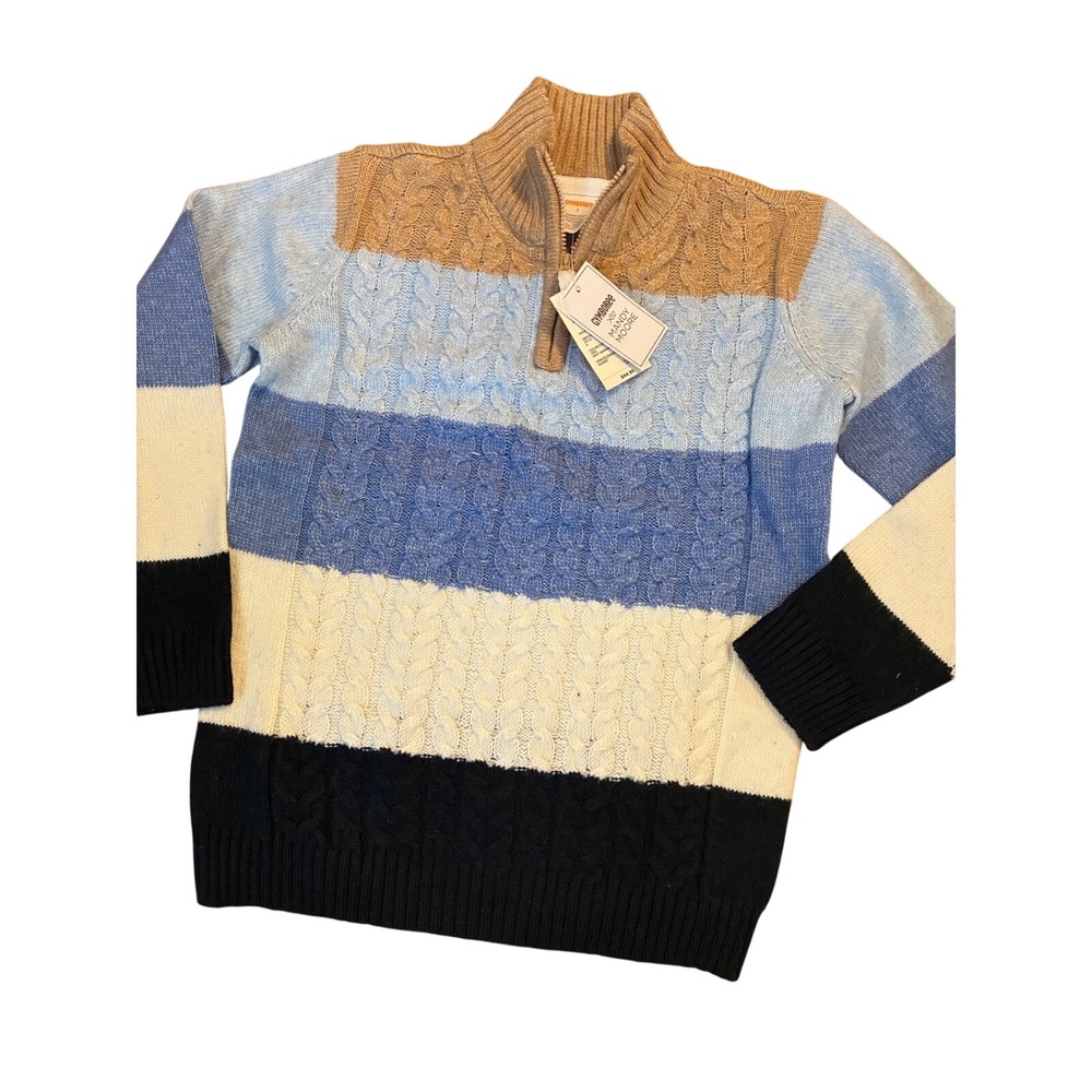 Gymboree x Mandy Moore Boys Blue Tan Striped Cable Knit Quarter Zip Sweater 7